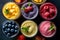 Selection assortment of colourful Healthy fresh fruit and vegetable smoothies with ingredients