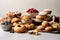 Selection of baked goods infused with blueberries, such as muffins, pancakes, and pies, arranged artfully on a white surface,