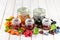 Selection of berry jams in glass jars