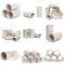 A selection of cardboard toilet paper tubes in various arrangements  on a white background