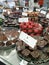 Selection of chocolate in a row, shop in Belgium