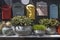 Selection of clay amphorae and pots of various shapes and colors on a shelf against the background of decorative mailboxes