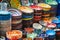 Selection of colorful ceramics on Egyptian Bazaar or Spice Bazaar, one of the largest bazaars in Istanbul, Turkey