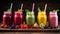 selection of colorful smoothies on rustic wood background