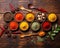 selection of colorful spices on a wooden table.