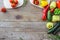 Selection of colorful vegetable on wooden table