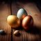 a selection of coloured eggs on a wooden table. Generative AI