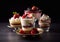 Selection of different desserts and pastries with cakes and whipped cream and chocolate dessert on black.Macro.AI Generative