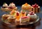 Selection of different desserts and pastries with cakes and whipped cream and chocolate dessert on metal tray.Macro.AI Generative