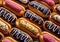 Selection of eclairs with cream and various candy toppings.Macro.AI Generative