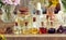 Selection of essential oil bottles with frankincense, oregano and other herbs