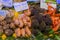 Selection of exotic gourmet seafood with clams, shrimp, langoustine, sea urchin for sale at a market in Luxembourg