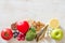 Selection food good for heart with stethoscope, healthy diet concept