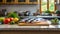 A selection of fresh fish: trout, sitting on a chopping board against blurred kitchen background copy space