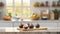 A selection of fresh fruit: fig, sitting on a chopping board against blurred kitchen background copy space