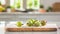 A selection of fresh fruit: gooseberries, sitting on a chopping board against blurred kitchen background copy space