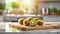 A selection of fresh fruit: kiwi fruit, sitting on a chopping board against blurred kitchen background copy space