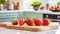 A selection of fresh fruit: strawberries, sitting on a chopping board against blurred kitchen background copy space
