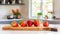 A selection of fresh fruit: strawberries, sitting on a chopping board against blurred kitchen background copy space