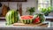 A selection of fresh fruit: water melons, sitting on a chopping board against blurred kitchen background copy space