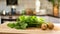 A selection of fresh herbs: coriander leaves, sitting on a chopping board against blurred kitchen background copy space