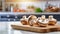 A selection of fresh vegetable: cremini mushroom, sitting on a chopping board against blurred kitchen background copy space