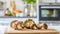 A selection of fresh vegetable: maitake mushroom, sitting on a chopping board against blurred kitchen background copy space