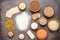 Selection of gluten free food on a brown rustic background. A variety of grains, flours, pasta, and bread gluten-free