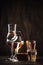 Selection of hard strong alcoholic drinks in big glasses and small shot glass in assortent: vodka, cognac, tequila, brandy and