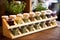 a selection of healthful herbal teas in a wooden rack