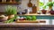 A selection of herbs and spices, sitting on a chopping board against blurred kitchen background copy space