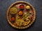 Selection Indian spices, spicy, herbs and seasonings on a metal tray,