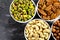 Selection of Mixed Nuts, Pistachio nuts, Pecan Nuts, Cashew Nuts and Hazel Nuts