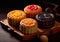 Selection of mooncakes pastry on wooden table.Macro.AI Generative