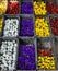 Selection of pansies of different colours on sale at Uzbekistan market