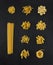 Selection of pasta uncooked, isolated on black slate background