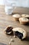 Selection of several mince pies, some broken open or partly eaten. A traditional festive Christmas dessert or pudding.