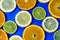 Selection of slices of citrus fruit on a bright high contrast dark blue background