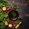 Selection of spices, herbs and olive oil on dark table