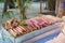 Selection of tasty sausages in the buffet