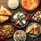 Selection of traditional greek food salad, meze, pie, fish, tzatziki, dolma on wood background, top view