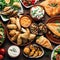 Selection of traditional greek food salad, meze, pie, fish, tzatziki, dolma on wood background, top view