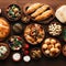 Selection of traditional greek food salad, meze, pie, fish, tzatziki, dolma on wood background, top view