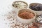 Selection of variety of gourmet rice in bowls. Selective focus, copy space