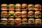 A selection of various gourmet burgers, showcasing a range of toppings and buns, displayed against a dark background.