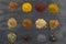 Selection of various spice on slate background
