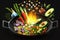 Selection of vegetables are flying out of the pan. A wok filled with lots of food cooking. generative ai