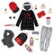 Selection of winter women`s clothing. Jacket, coat, shoes, bag, perfume, cosmetics and other accessories. A set of stickers.