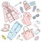 Selection of winter women`s clothing. Jacket, coat, shoes, bag, perfume, cosmetics and other accessories. A set of stickers.