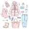 Selection of winter women`s clothing. Jacket, coat, shoes, bag, perfume, cosmetics and other accessories. A set of stickers.